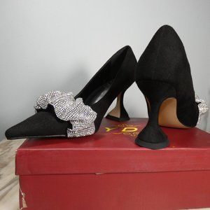 YDN  Pointed Hourglass Heel Pump Black Velour with Silver Rhinestones 7M